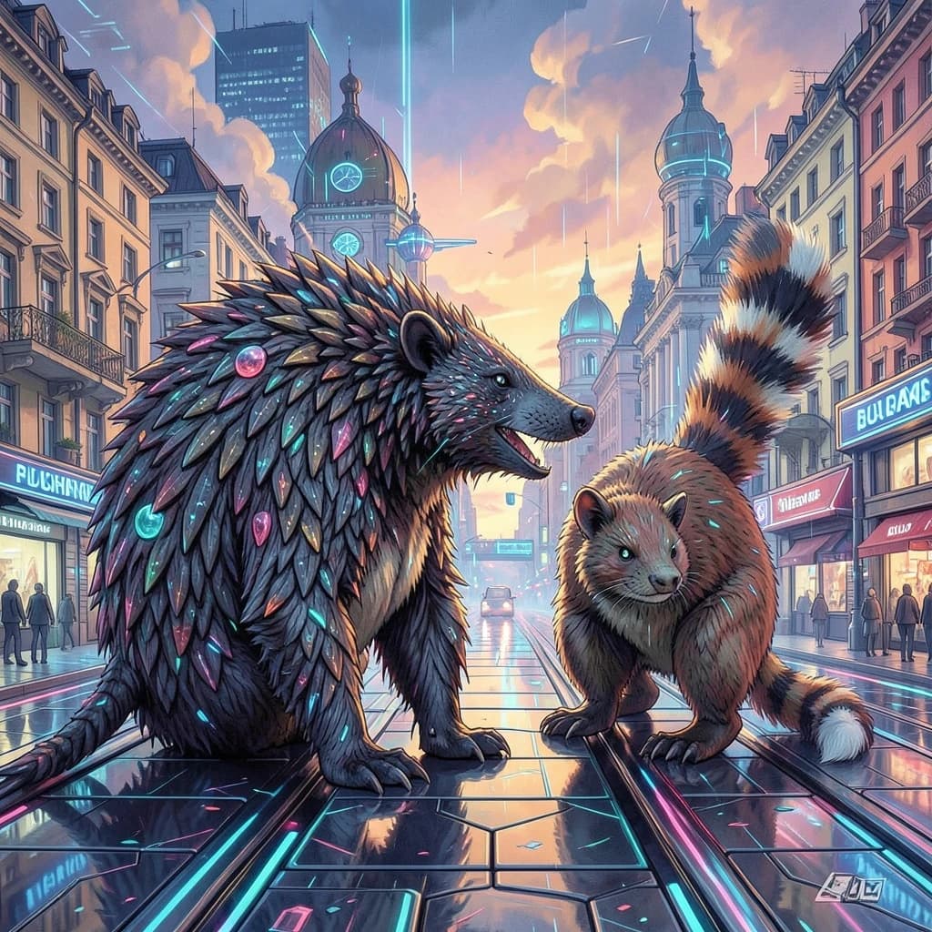 Scaly Anteater and Ringtail in Bucharest, Romania in the style of futurism