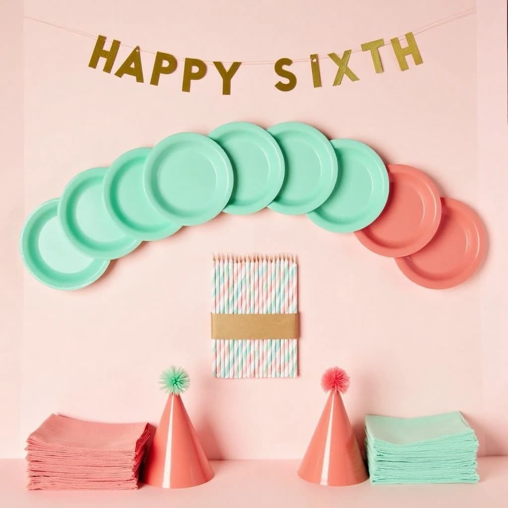 Flat lay photograph on pale pink paper, lit softly from above.
Eight paper plates fanned in an arc across the top of the frame, alternating mint and coral, four of each, mint first from the left.
Below the arc, twelve striped candles bundled under a paper band, laid diagonally.
Three cone party hats stacked at the lower left, only the middle hat trimmed with a pom pom.
At the lower right, six folded napkins in two piles of three, one pile mint and one coral.
A paper banner strung across the very top spells "HAPPY SIXTH" in gold letters, a few letters overlapping the plate arc.