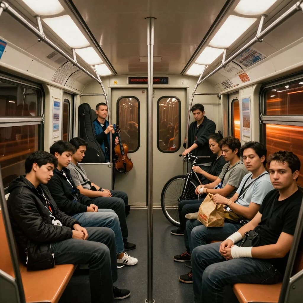 Cinematic photograph inside a late night subway car, handheld, lit only by flickering ceiling strips and orange platform light sliding past the windows. Nine passengers down the car: the three on the left bench all sleep with heads tipped at different angles, the four on the right bench are awake, one folding a paper bag, one holding a bike wheel upright between his knees, one wrapping her own wrist in tape, one staring straight into the lens. Two more stand at the far doors gripping the same pole with a violin case wedged between them. An empty seat beside the nearest sleeper, a coffee cup rolling under it.