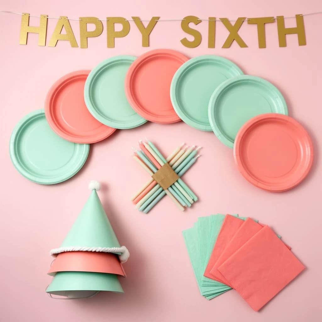 Flat lay photograph on pale pink paper, lit softly from above.
Eight paper plates fanned in an arc across the top of the frame, alternating mint and coral, four of each, mint first from the left.
Below the arc, twelve striped candles bundled under a paper band, laid diagonally.
Three cone party hats stacked at the lower left, only the middle hat trimmed with a pom pom.
At the lower right, six folded napkins in two piles of three, one pile mint and one coral.
A paper banner strung across the very top spells "HAPPY SIXTH" in gold letters, a few letters overlapping the plate arc.