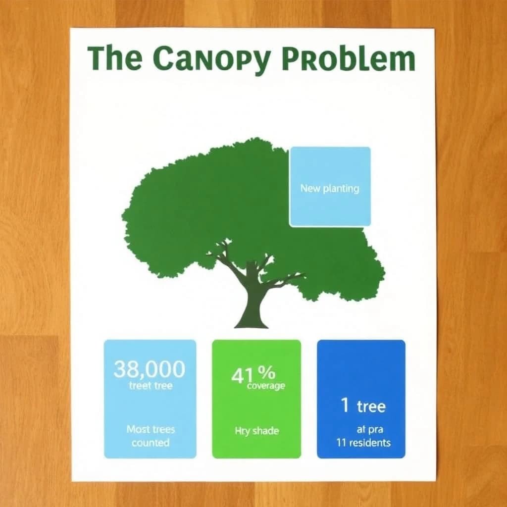 Printed poster titled "The Canopy Problem". A labeled street-tree diagram sits at the center, carrying two keyed regions, "Most trees" shaded dark green and "New planting" shaded light blue. Three stat chips run down a bottom row, reading "38,000 street trees counted", "41% shade coverage" and "1 tree per 11 residents". Each key color matches the shading of the region it names.