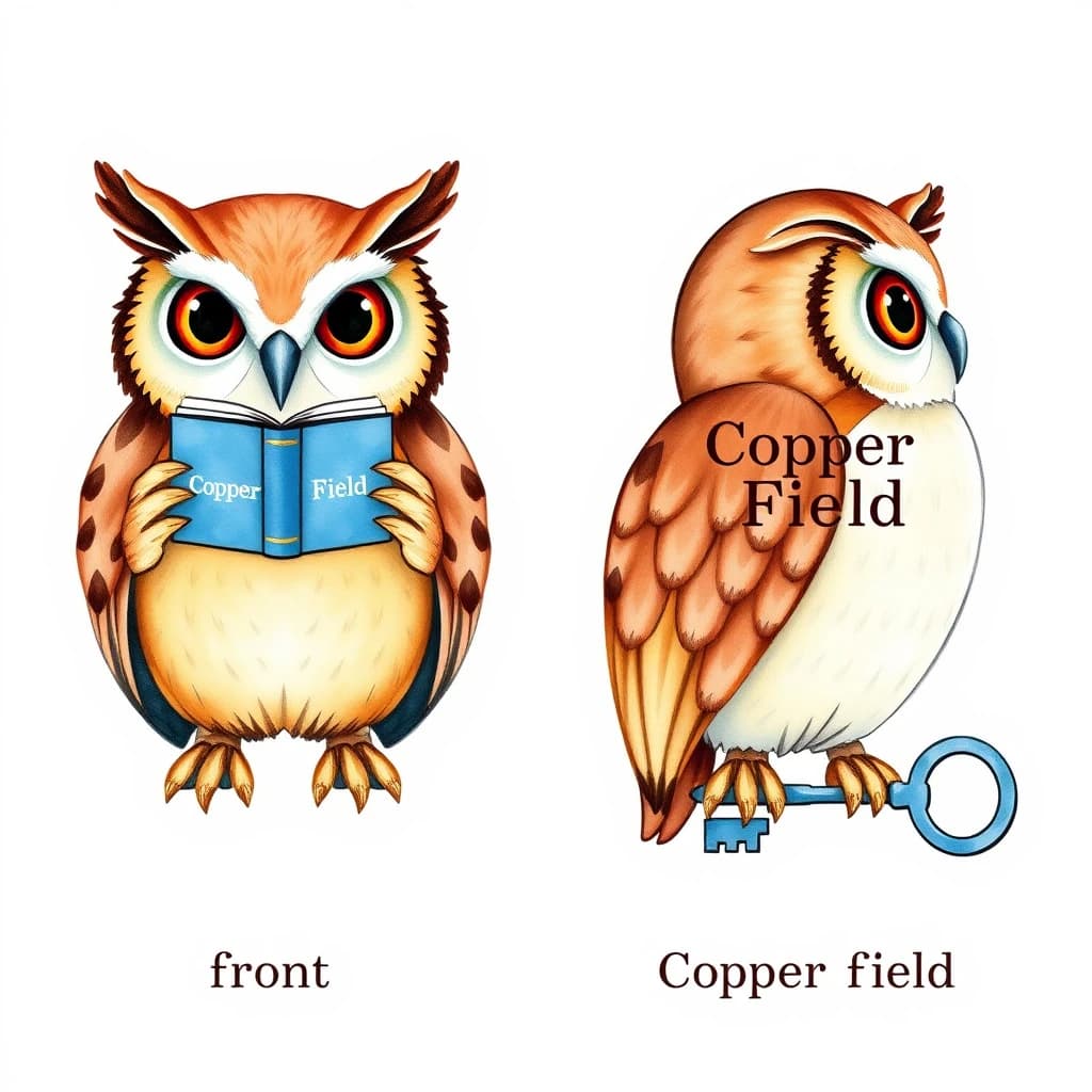 Watercolor of the same bookstore owl mascot drawn in two views, captioned "front" and "side", every view carrying the wordmark "Copper Field" with a key silhouette beside it in the same blue-and-silver coloring, only the angle changing.