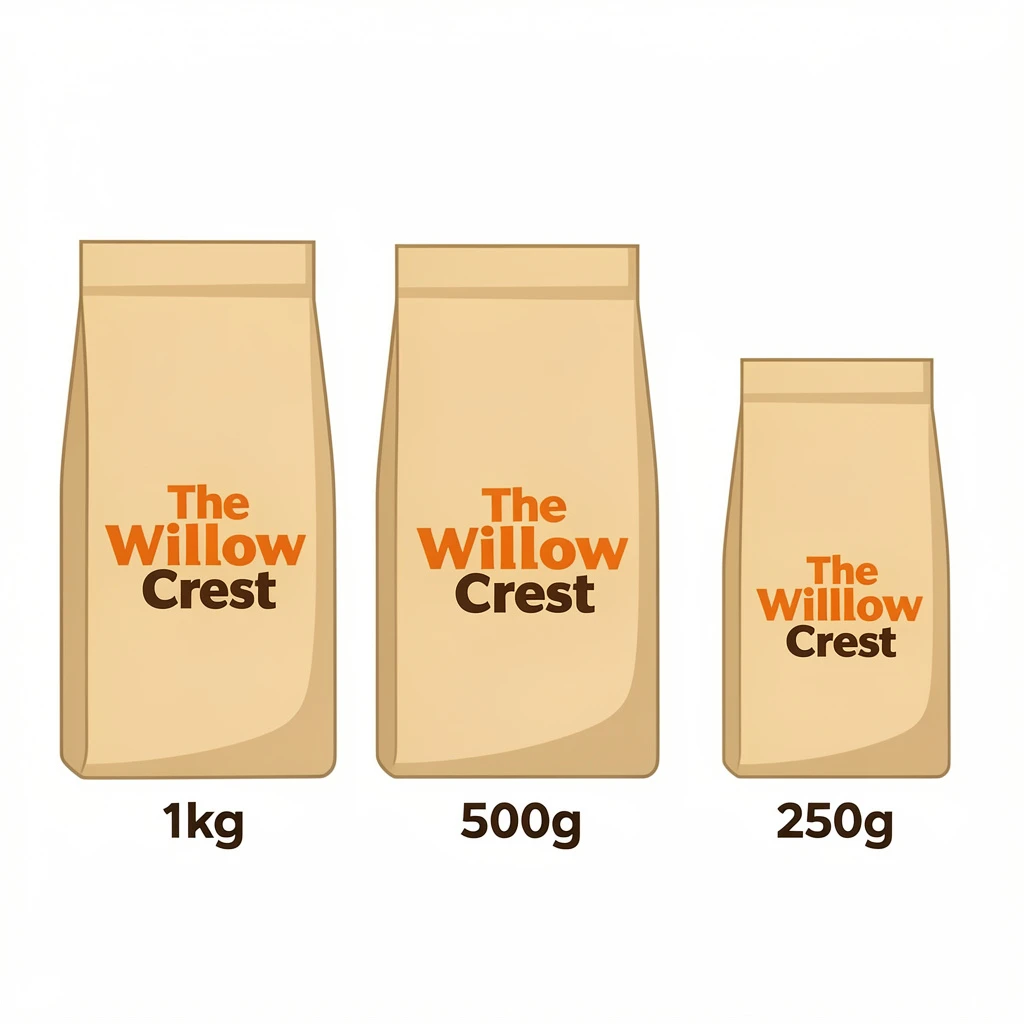Flat vector illustration of the same coffee bag drawn in three sizes, captioned "1kg", "500g" and "250g", every size carrying the wordmark "The Willow Crest" in the same orange-and-brown coloring, only the bag size changing.