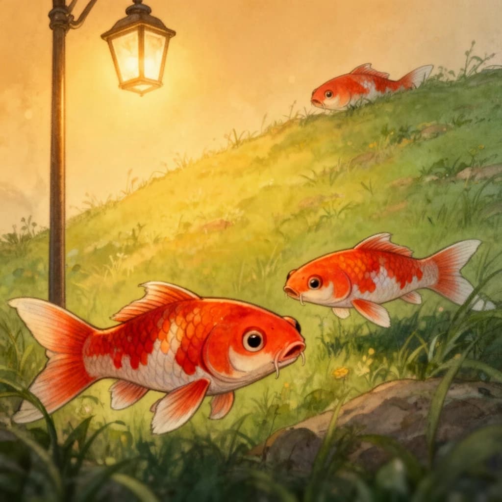 koi fish, grassy hillside, warm lamplight, macro close-up, storybook illustration, high detail