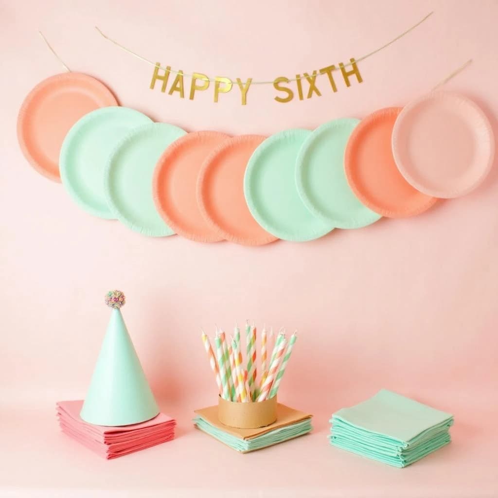 Flat lay photograph on pale pink paper, lit softly from above.
Eight paper plates fanned in an arc across the top of the frame, alternating mint and coral, four of each, mint first from the left.
Below the arc, twelve striped candles bundled under a paper band, laid diagonally.
Three cone party hats stacked at the lower left, only the middle hat trimmed with a pom pom.
At the lower right, six folded napkins in two piles of three, one pile mint and one coral.
A paper banner strung across the very top spells "HAPPY SIXTH" in gold letters, a few letters overlapping the plate arc.