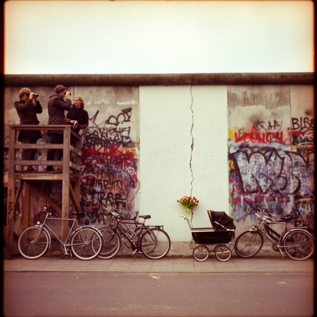 Shot on 1970s Kodachrome era color film, warm grain and slightly faded reds. A stretch of the Berlin Wall on a grey afternoon, covered in overlapping graffiti with one clean unpainted panel in the middle. Three people stand on a wooden viewing platform at the left, two of them looking over the top through binoculars while the third has turned back toward the camera with a cigarette. Four bicycles lean along the base of the wall, three upright and one fallen on its side. A pram is parked below the clean panel with a small bunch of tulips wedged into a crack above it. No cars in the frame.