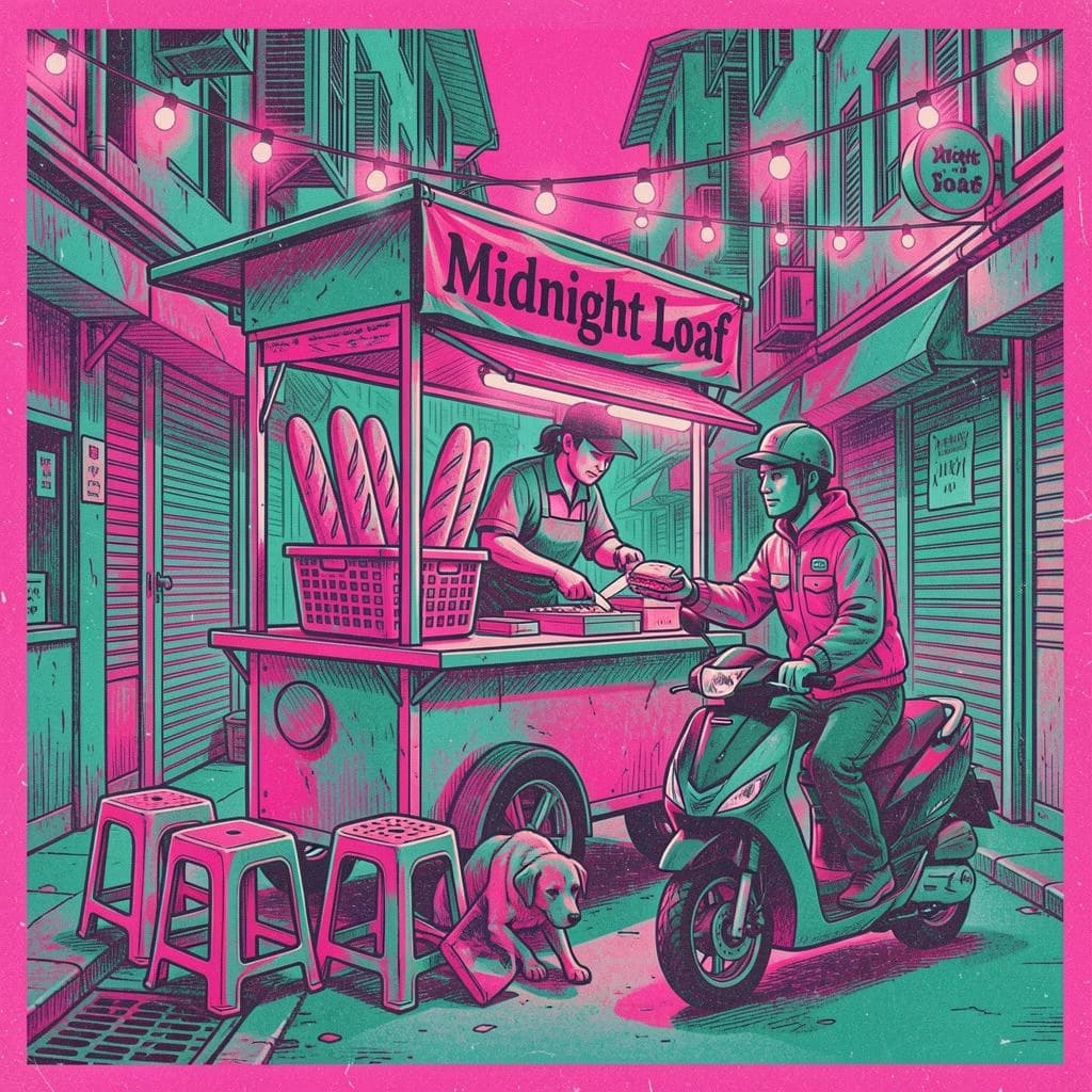 Two-color risograph print key art in fluorescent pink and teal with visible misregistration and paper grain, for a street food courier game. A night market alley: the banh mi cart at center with three baguettes standing upright in a basket and two more being sliced by the vendor, who hands one wrapped sandwich down to a courier straddling a scooter. Four plastic stools in front of the cart, three occupied and the one nearest the gutter tipped over. Two strings of bulbs cross overhead. A dog waits under the cart axle. The stall banner reads "Midnight Loaf".