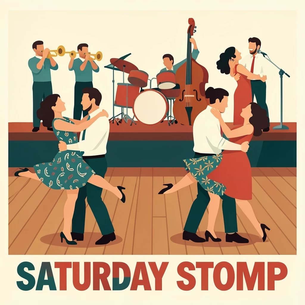 Flat design poster for a swing dance night. Four couples on a wooden floor, each caught in a different move: the front couple in a lift with the follower's feet off the ground, behind them a couple in a side by side kick, a third couple joined by one hand mid spin, and a fourth couple frozen in a dip near the back wall. All followers wear patterned dresses, all leaders wear braces and rolled sleeves. On a low stage behind them, a five piece band: two trumpets, a double bass, a drummer and a singer at a chrome microphone. Bold flat shapes, cream, teal and tomato red. "Saturday Stomp" in chunky letters along the bottom.