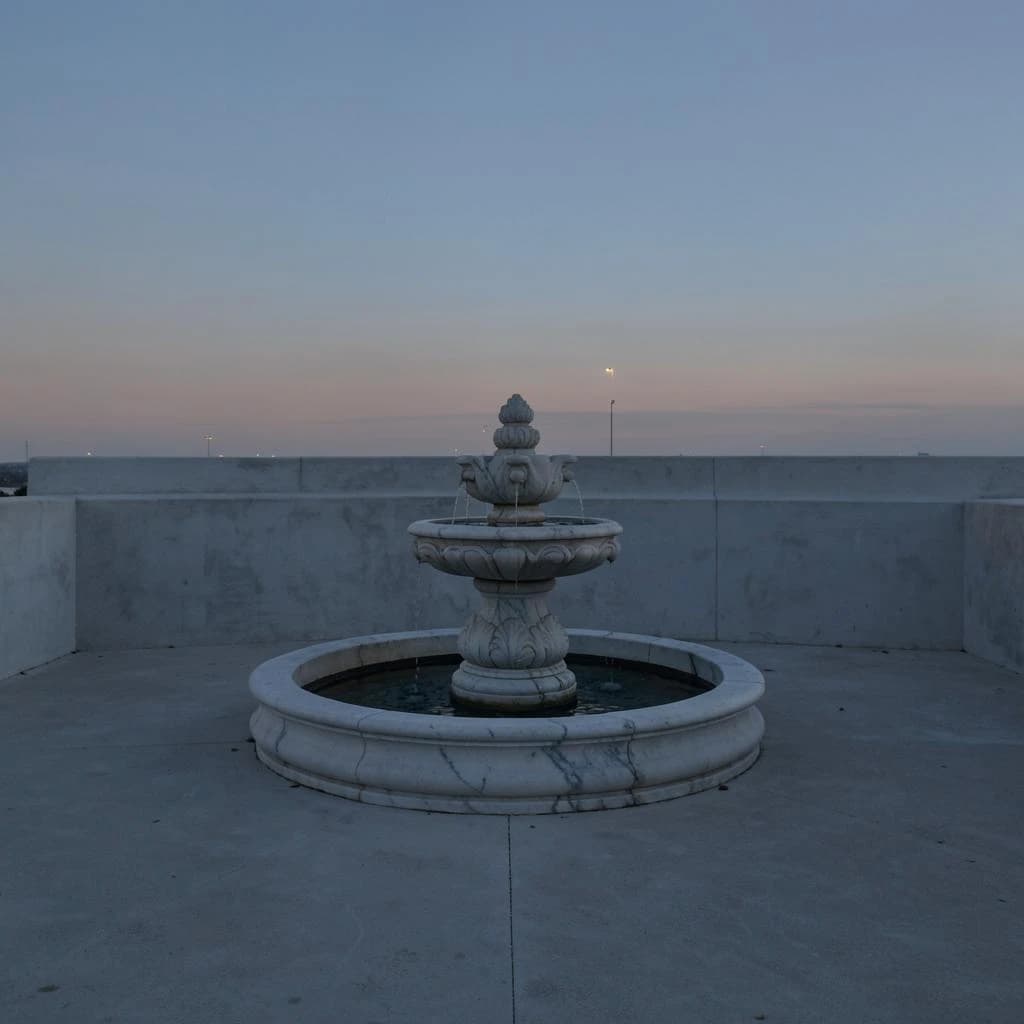one marble fountain against plain concrete, dusk