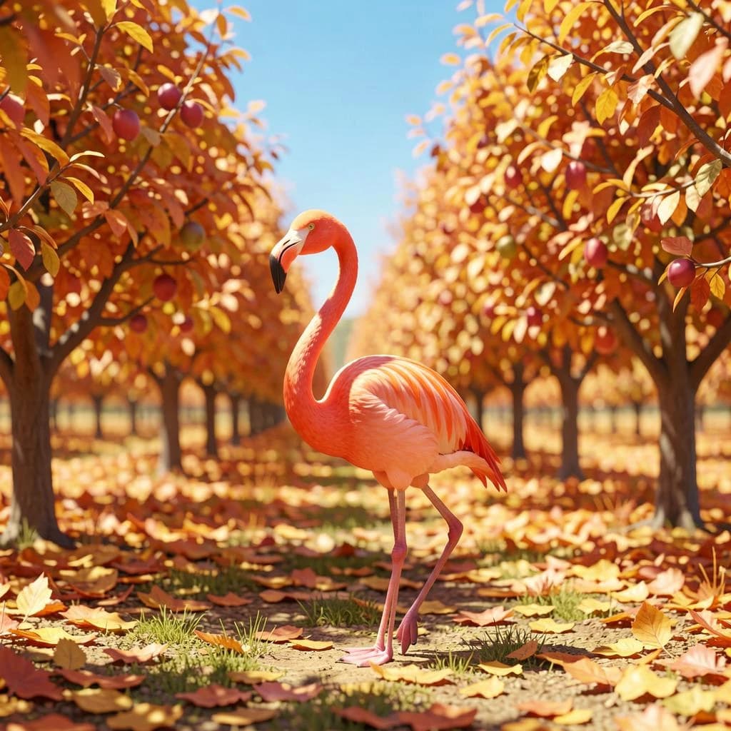 flamingo, autumn orchard, bright midday sun, telephoto compression, isometric 3D, subtle texture