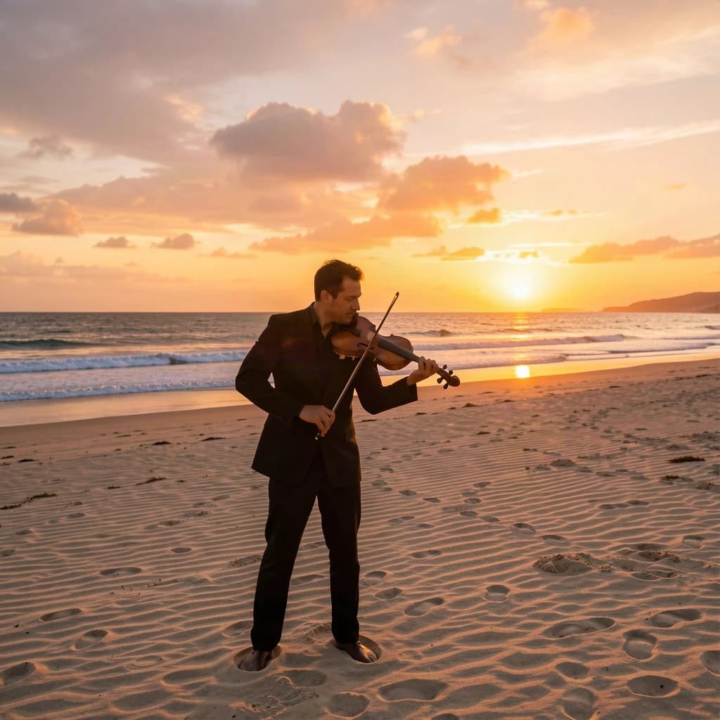 still violinist on open sand, sunset