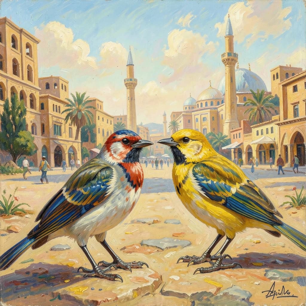 Scrub-Bird and Yellowtail in Cairo, Egypt in the style of impressionist