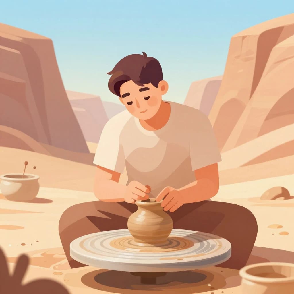Poster illustration of a potter in a desert canyon, soft gradient fills, smooth vector finish, pastel palette.