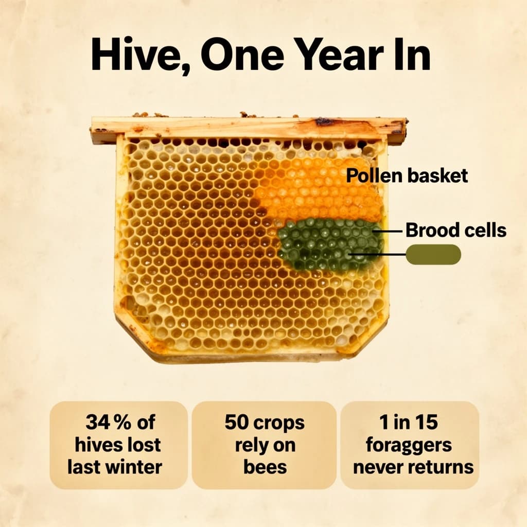 Printed poster titled "Hive, One Year In": at the center a cutaway of a hive frame, carrying two keyed regions, "Pollen basket" shaded amber and "Brood cells" shaded olive, beside a bottom row of three stat chips reading "34% of hives lost last winter", "50 crops rely on bees" and "1 in 15 foragers never returns".