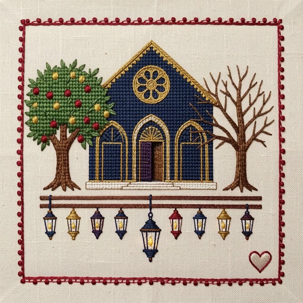 Pin stitched as a cross stitch sampler on natural linen, chunky visible stitches. Center: a synagogue front elevation in deep blue and gold thread, a rose window above three arched doors, the middle door taller and standing open while the two outer doors are closed. Two stitched olive trees flank the building, the left one heavy with fruit and the right one bare. Along the bottom, nine stitched lamps hang from a stitched beam with the middle lamp hanging lower than the rest. A narrow pomegranate border runs all the way around, with a small stitched heart in the bottom right corner.