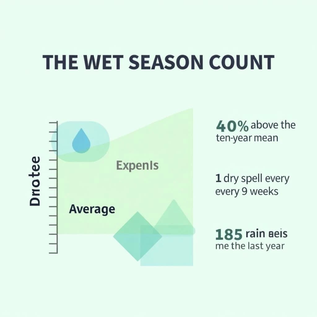Flat vector illustration titled "The Wet Season Count": at the center a twelve-month rainfall timeline, carrying two keyed regions, "Average" shaded pale green and "Wettest" shaded dark blue, beside a right column of three stat chips reading "40% above the ten-year mean", "1 dry spell every 9 weeks" and "195 rain days last year".