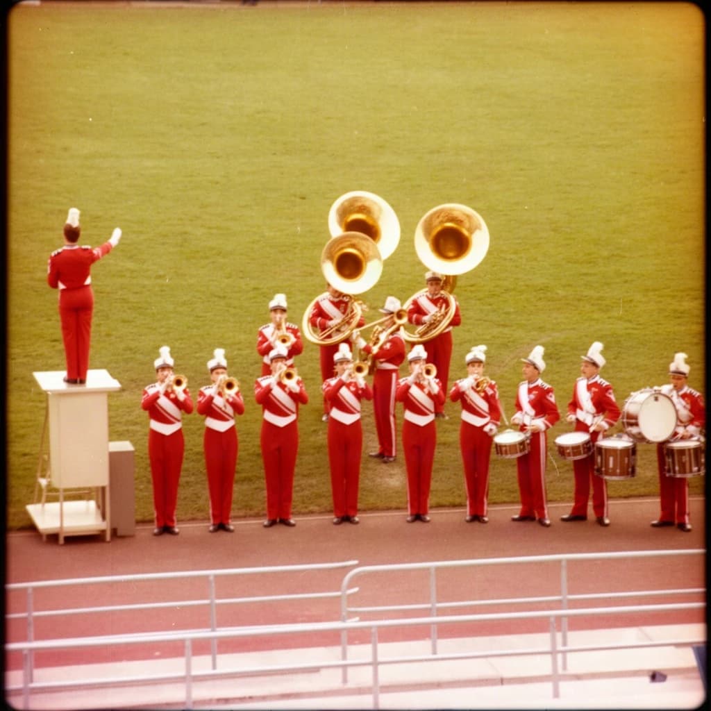Nineteen seventies Kodachrome-era colour film look, faded warm grain and slight overexposure: a high school marching band seen from a stadium walkway. Front rank of five trumpet players in red and white uniforms, all with horns raised. Behind them three sousaphones in a triangle, the middle player caught mid turn. A line of four drummers to the right, the snare drummer nearest the camera mid stroke. A single drum major stands on a podium at the far left with his back to us, arms up. Empty green field behind them.