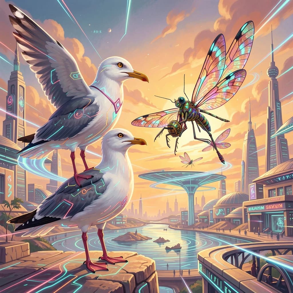 Seagull and Odonate in Khartoum, Sudan in the style of futurism