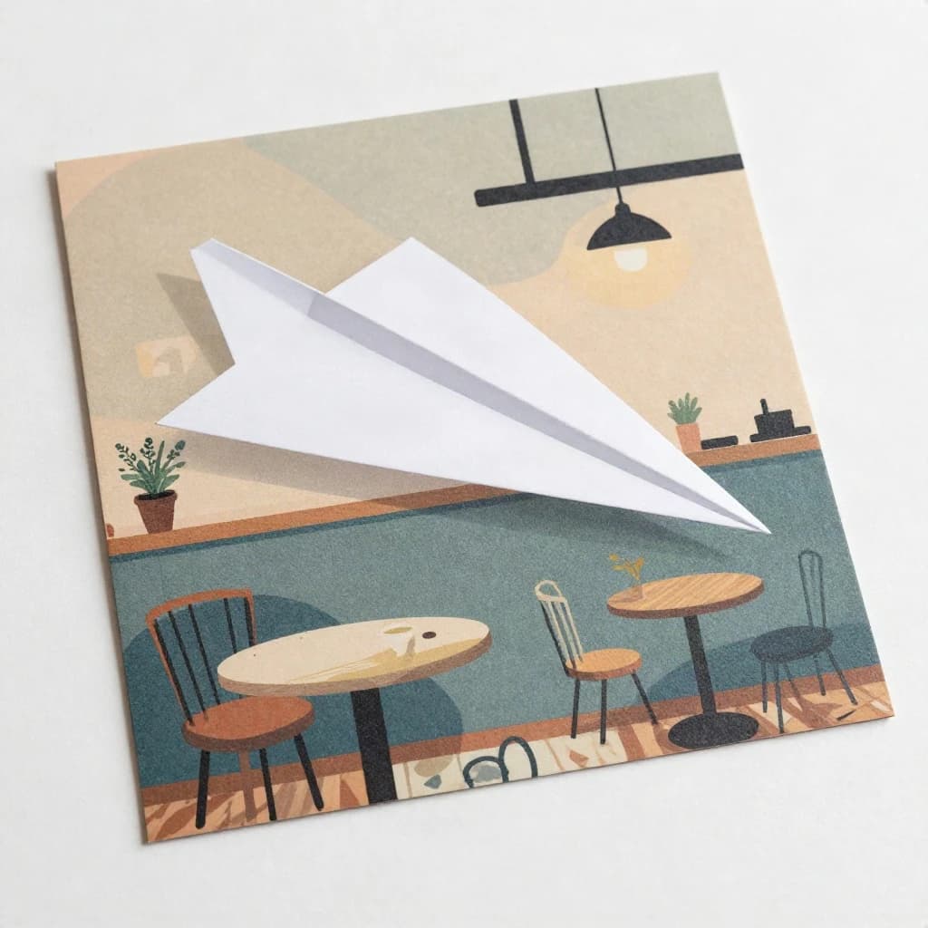 Silkscreen print of a paper airplane inside a cozy cafe, layered wash, smooth vector finish, split-complementary palette.
