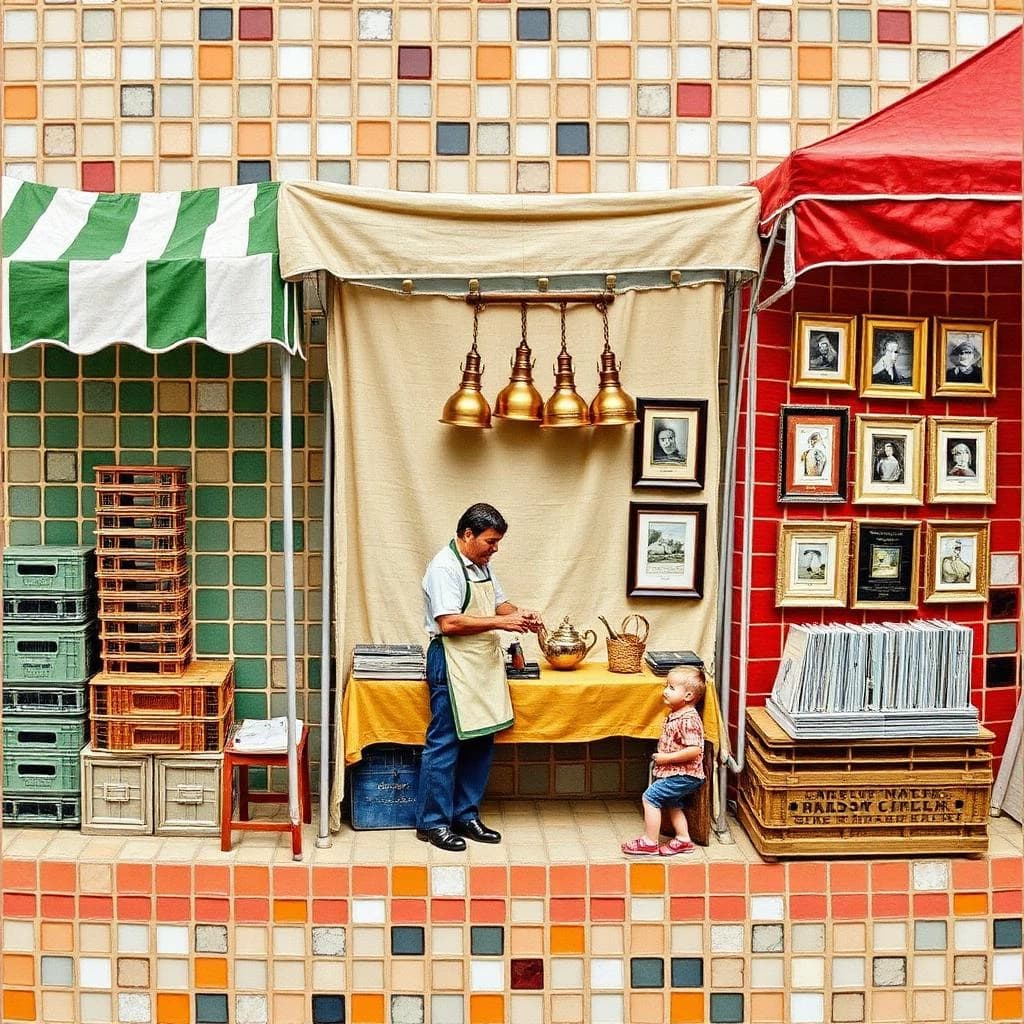 Glass tile mosaic of a Sunday flea market seen from a slightly raised angle, small square tesserae and warm terracotta grout. Three stall awnings in a row: the left one striped green and white over stacked vinyl crates, the middle plain canvas over six brass lamps with only the two tallest wearing shades, the right red awning hung with nine framed pictures in three rows of three. Under the middle awning a vendor in an apron hands a teapot across the table to a woman holding a straw basket, while a boy crouches at her feet by a crate of records. No lettering anywhere.