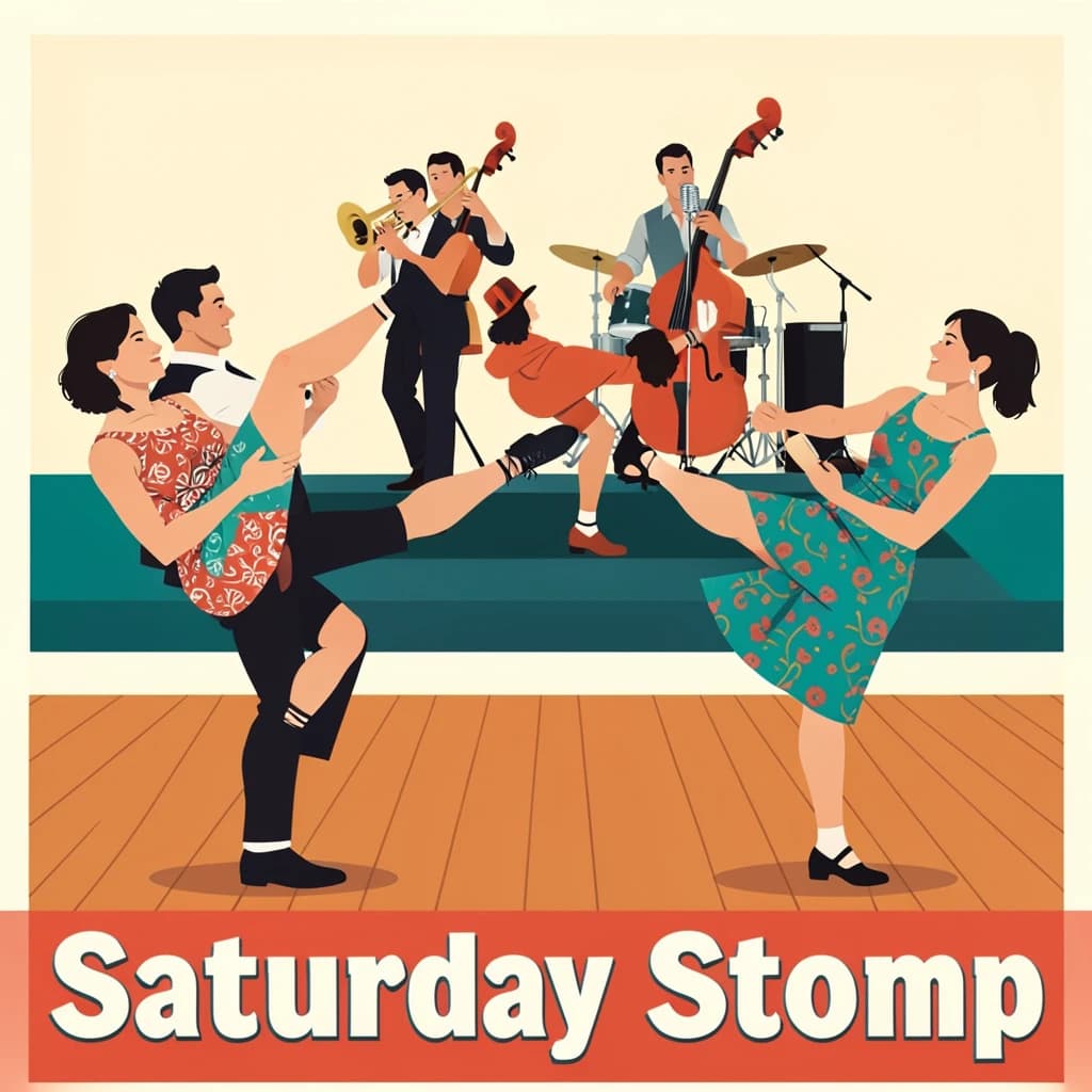 Flat design poster for a swing dance night. Four couples on a wooden floor, each caught in a different move: the front couple in a lift with the follower's feet off the ground, behind them a couple in a side by side kick, a third couple joined by one hand mid spin, and a fourth couple frozen in a dip near the back wall. All followers wear patterned dresses, all leaders wear braces and rolled sleeves. On a low stage behind them, a five piece band: two trumpets, a double bass, a drummer and a singer at a chrome microphone. Bold flat shapes, cream, teal and tomato red. "Saturday Stomp" in chunky letters along the bottom.