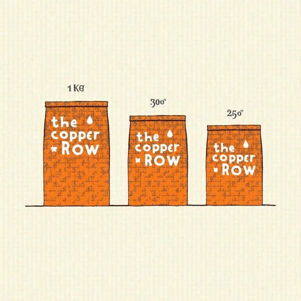 Linocut print: one coffee bag in three sizes. The sizes are captioned "1kg", "500g" and "250g" in that order. The wordmark "The Copper Row" appears on every size with a single droplet symbol beside it. The orange-and-brown coloring is the same across every size, and only the bag size changes.