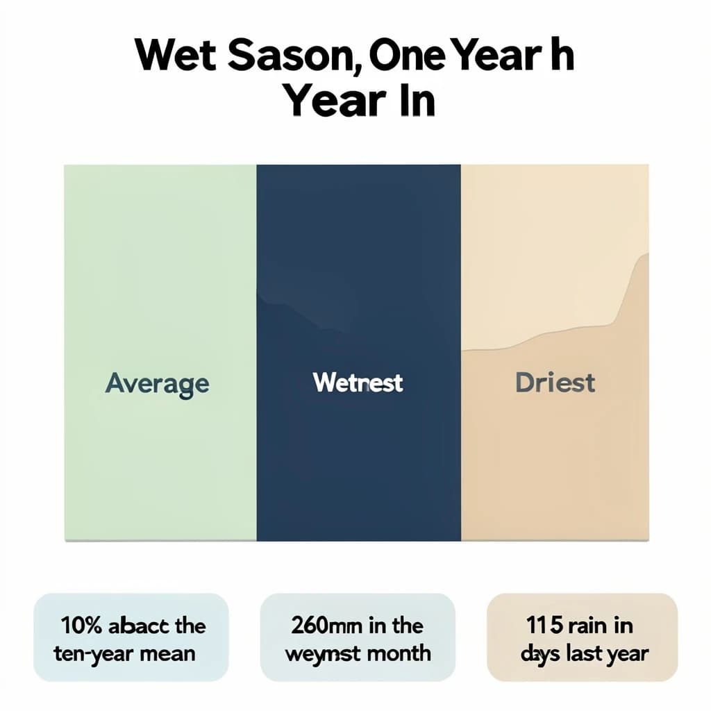 Flat vector illustration titled "Wet Season, One Year In". A twelve-month rainfall timeline sits at the center, carrying three keyed regions, "Average" shaded pale green, "Wettest" shaded dark blue and "Driest" shaded sand. Three stat chips run down a bottom row, reading "10% above the ten-year mean", "260mm in the wettest month" and "115 rain days last year". Each key color matches the shading of the region it names.
