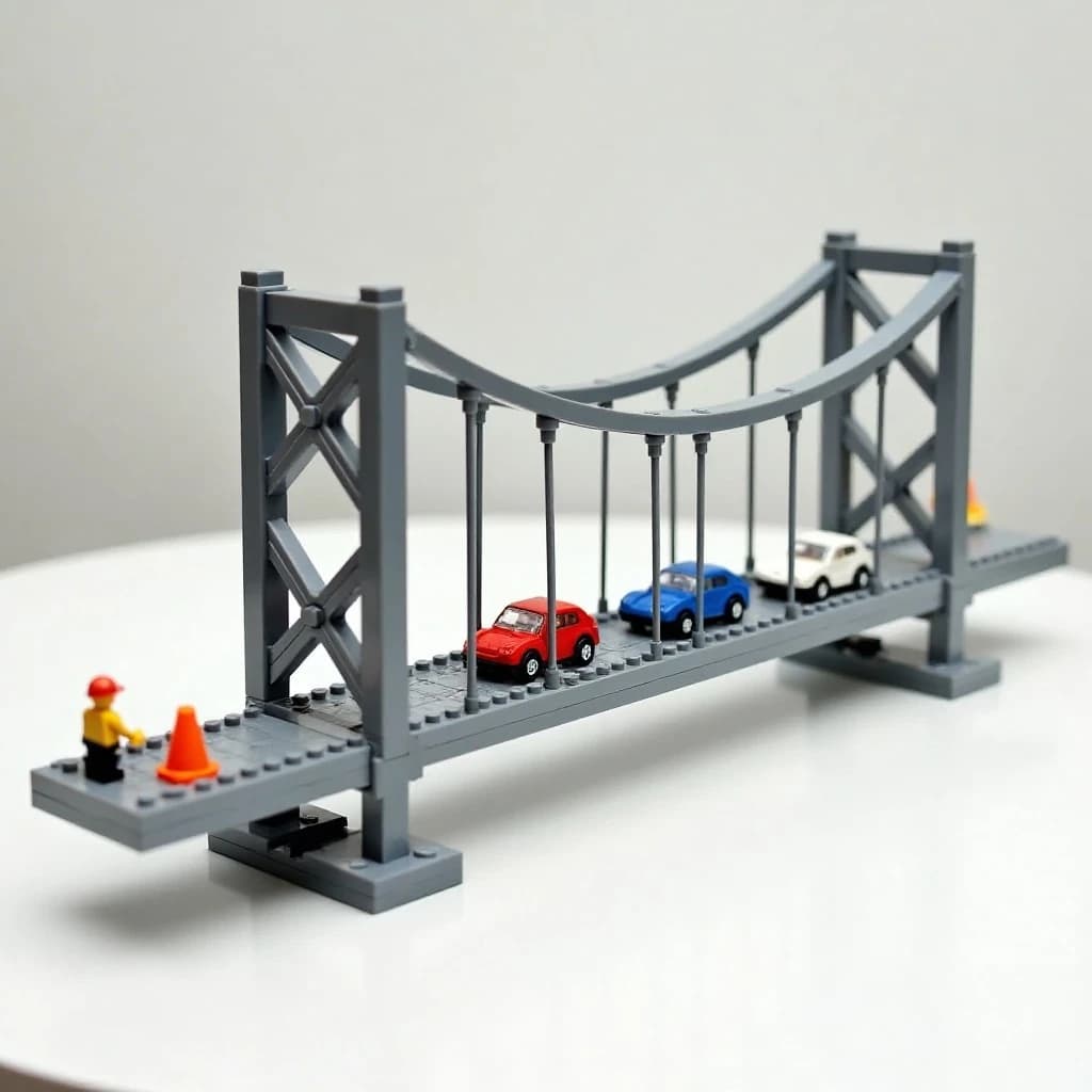 Product photograph of a plastic brick model of a suspension bridge on a white table, shot from a low three-quarter angle. Two grey towers, each with three cross braces between its legs, carry cables that sweep down to the deck with eight vertical hangers per span. The deck is two lanes wide with four small cars on it: two red in the near lane, one blue and one white in the far lane. A single figure in a yellow vest stands at the left tower base beside two orange cones. Soft even light, crisp stud edges, no printed logos anywhere.