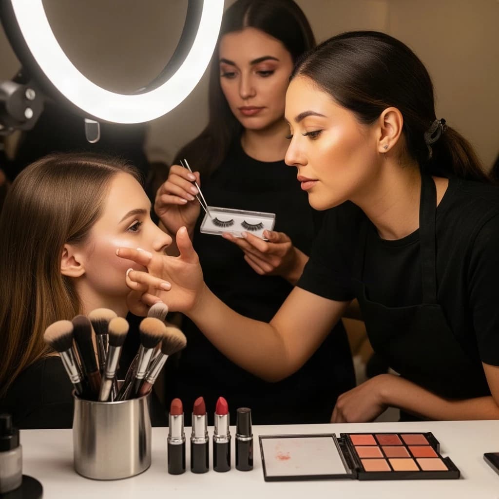 Fashion photograph at a backstage vanity lit by a ring light. A makeup artist in a black apron leans in from the right and blends cream blush into a seated model's cheekbone with her fingers, while a second artist standing behind them holds a lash tray in one hand and tweezers in the other, mid pick. On the counter between them: six brushes standing bristle up in a metal cup, three lipstick bullets lying in a row with their caps off beside them, and one open palette showing two used shades and four untouched. Warm skin tones, glossy highlights, shallow depth of field.