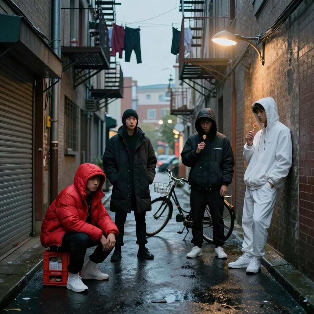 Cinematic photograph for a streetwear campaign, shot straight down a narrow rain-slick alleyway at dusk. Four models spread through the depth of the frame: the nearest crouches on a milk crate in a red puffer, two stand mid-alley in matching black coats, one leaning on a roll-up shutter and one holding a lollipop, and the farthest stands under the single working lamp in white. Three of the six fire escapes above carry laundry lines; the rest are bare. A delivery bike lies on its side between the two middle models. Blurred street traffic only at the far end.
