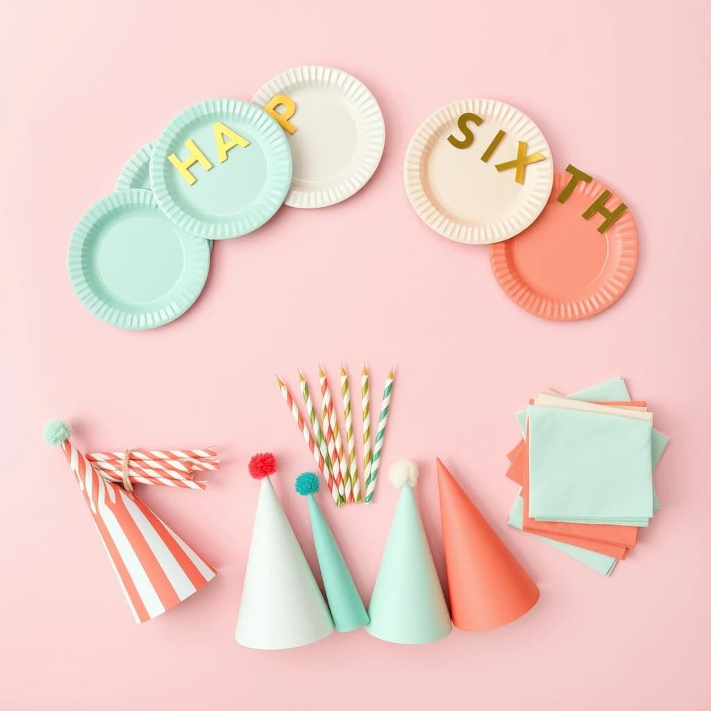 Flat lay photograph on pale pink paper, lit softly from above.
Eight paper plates fanned in an arc across the top of the frame, alternating mint and coral, four of each, mint first from the left.
Below the arc, twelve striped candles bundled under a paper band, laid diagonally.
Three cone party hats stacked at the lower left, only the middle hat trimmed with a pom pom.
At the lower right, six folded napkins in two piles of three, one pile mint and one coral.
A paper banner strung across the very top spells "HAPPY SIXTH" in gold letters, a few letters overlapping the plate arc.