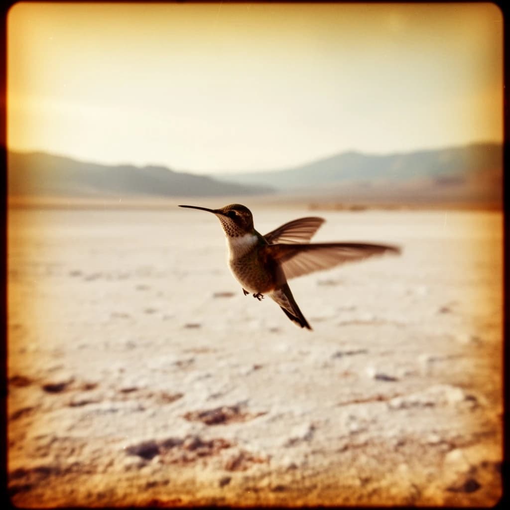 85mm f/8 portrait of a hummingbird across a salt flat, lit through a north-facing window, deep focus, warm color negative look