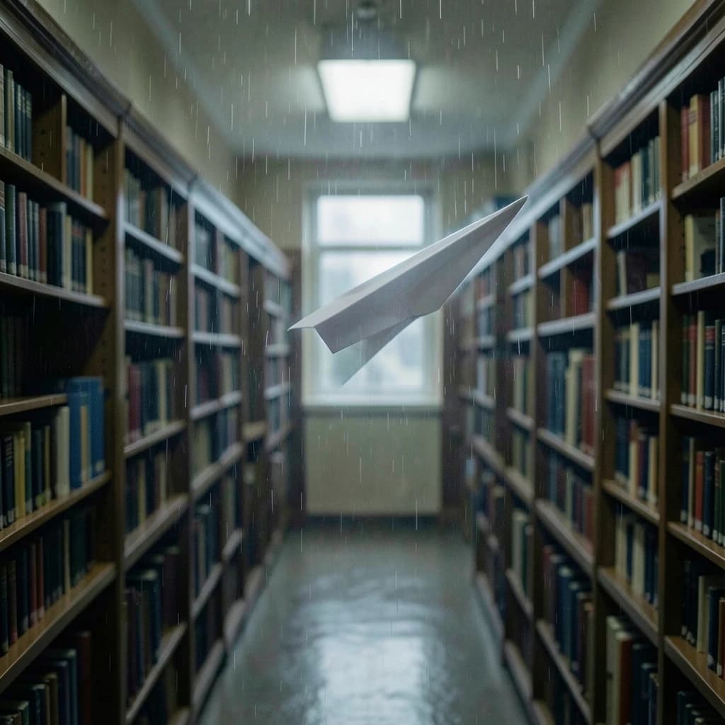 The quiet second when a paper airplane picks up a soft edge highlight, in a quiet library, after a light rain shower.