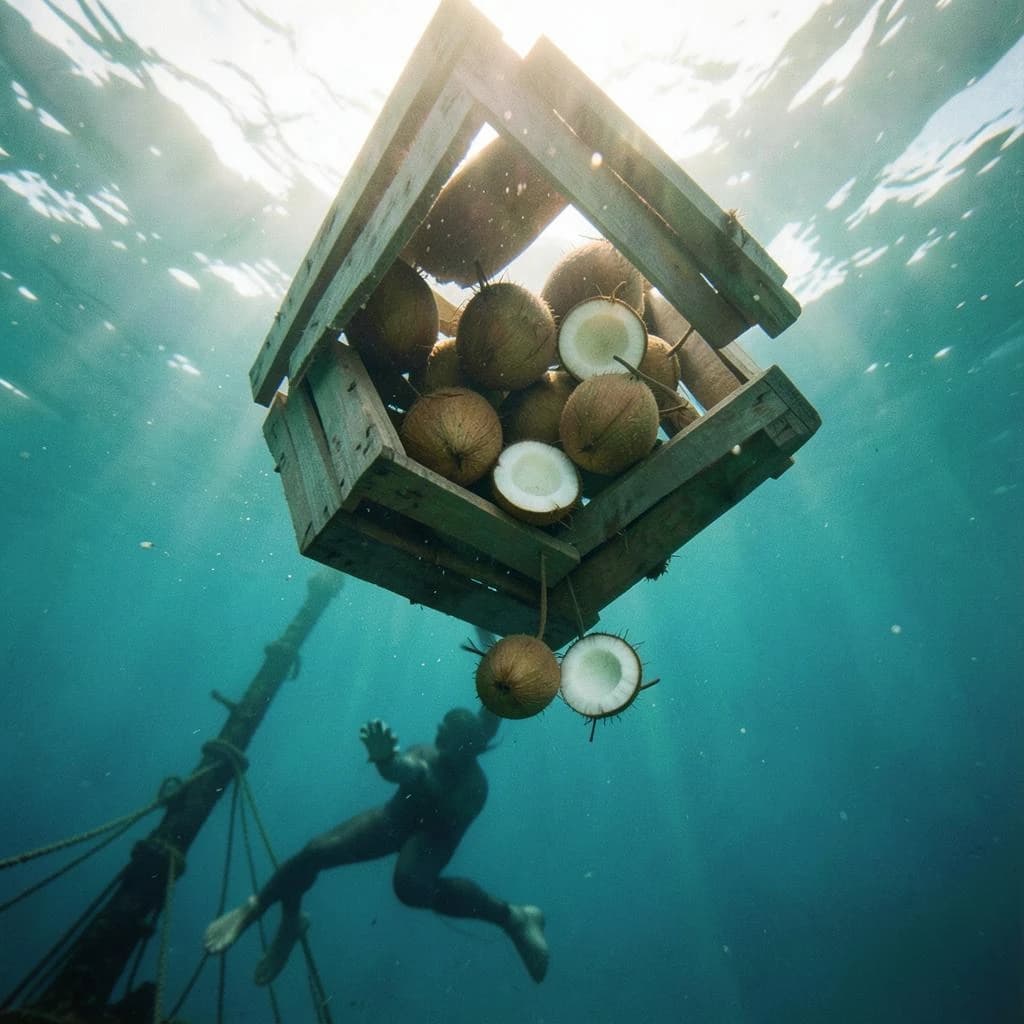 Underwater photography, film still from a castaway feature, shot from six metres down looking up toward the surface. A wooden crate has burst mid-sink: nine coconuts drift out of it, five still husked and pale brown, four split open and white, the split ones sinking faster than the whole ones. The crate hangs above them, lid half torn away, roped to a sunken mast that runs out of frame to the lower left. A swimmer silhouetted against the bright surface reaches down toward the nearest whole coconut, one fin missing. Blue green water column, sunbeams, drifting particles, natural light only.