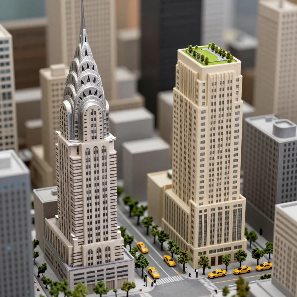 Tilt shift photograph of a hand built architectural scale model of a Midtown Manhattan block, studio lit from the upper left.
The Chrysler Building stands on the corner in polished silver card with its stepped crown and triangular windows. Directly across the street sits a proposed cream limestone tower, two floors shorter, topped by a stepped roof garden. Between them four smaller grey massing blocks in plain foam. Six tiny yellow cabs on the avenue, three stopped at the crossing and three queued behind, with a line of green model trees down the median.