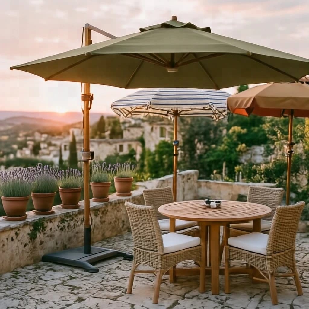 Late afternoon on a limestone terrace, warm low sun. Three patio umbrellas stand in the frame: a tall olive canvas cantilever umbrella open over a round teak table, and two smaller market umbrellas behind it, one cream with thin navy stripes and one solid terracotta, both furled and strapped to their poles. Four woven dining chairs sit around the teak table, the two in shade cushioned in white, the two in sun bare. Along the low wall behind, six clay pots in a line, the three nearest the camera planted with lavender, the three furthest holding only soil. Editorial photography, natural light, long soft shadows.