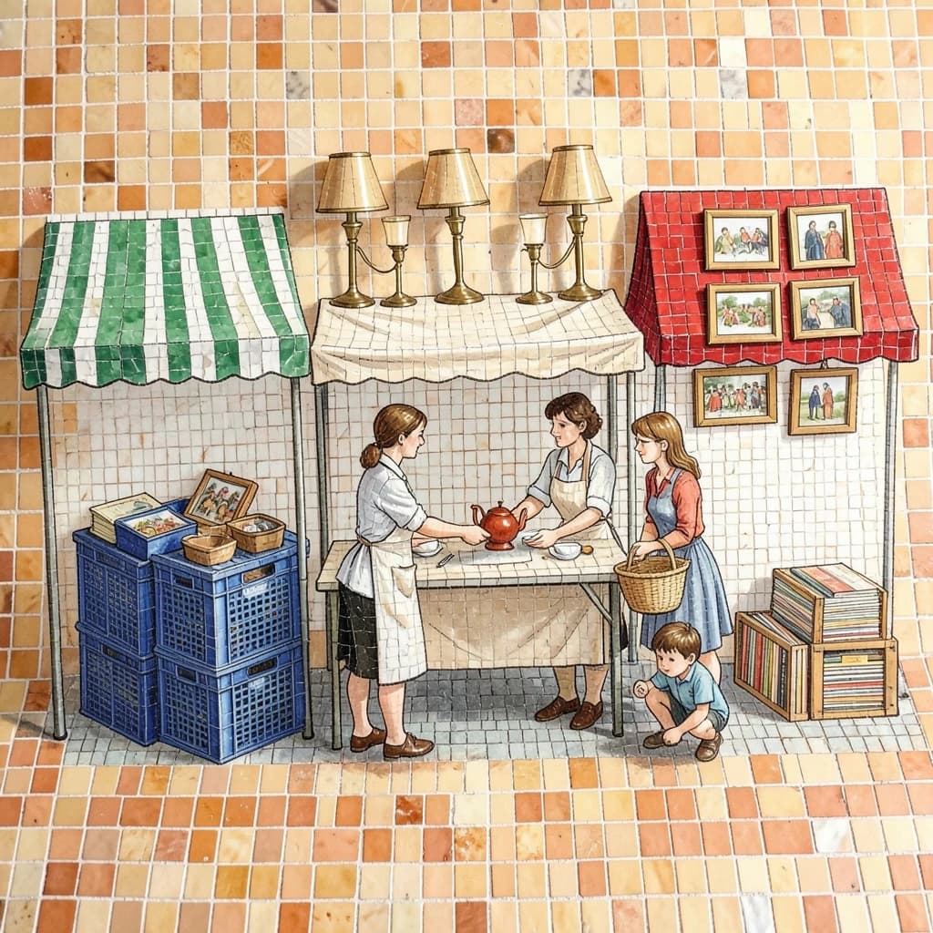 Glass tile mosaic of a Sunday flea market seen from a slightly raised angle, small square tesserae and warm terracotta grout. Three stall awnings in a row: the left one striped green and white over stacked vinyl crates, the middle plain canvas over six brass lamps with only the two tallest wearing shades, the right red awning hung with nine framed pictures in three rows of three. Under the middle awning a vendor in an apron hands a teapot across the table to a woman holding a straw basket, while a boy crouches at her feet by a crate of records. No lettering anywhere.