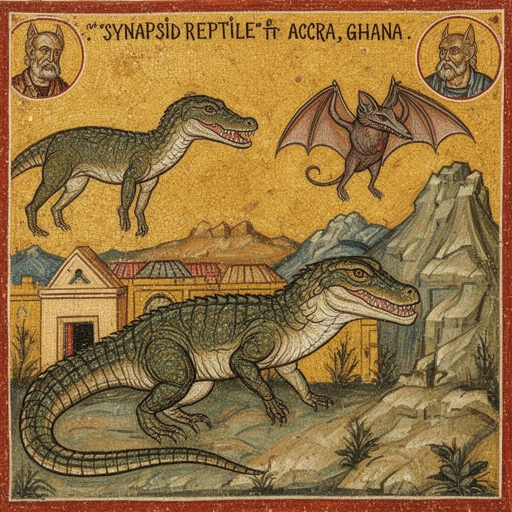 Synapsid Reptile and Bat in Accra, Ghana in the style of byzantine