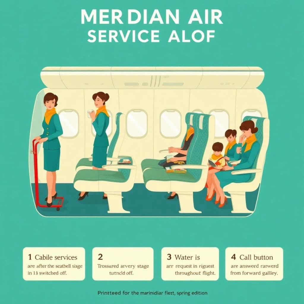 Flat vector poster in a nineteen sixties airline style, teal, mustard and cream.
A cutaway of a single aisle cabin seen from the side, five rows of seats visible. Three flight attendants in teal skirt suits with mustard scarves: one pushing a trolley in the aisle at row two, one handing a cup down to a window passenger in row four, one crouched beside a child in row five fastening a seatbelt. Nine passengers seated, four of them reading, and both aisle seats in row three empty.
Along the bottom, a numbered legend in cream boxes reading "1. Cabin service begins after the seatbelt sign is switched off.", "2. Trolleys are secured at every stage of turbulence.", "3. Water is offered on request throughout the flight.", "4. Call buttons are answered from the forward galley."
Masthead across the top reads "MERIDIAN AIR: SERVICE ALOFT", and a small line under the cabin reads "Printed for the cabin crew of the Meridian fleet, spring edition."