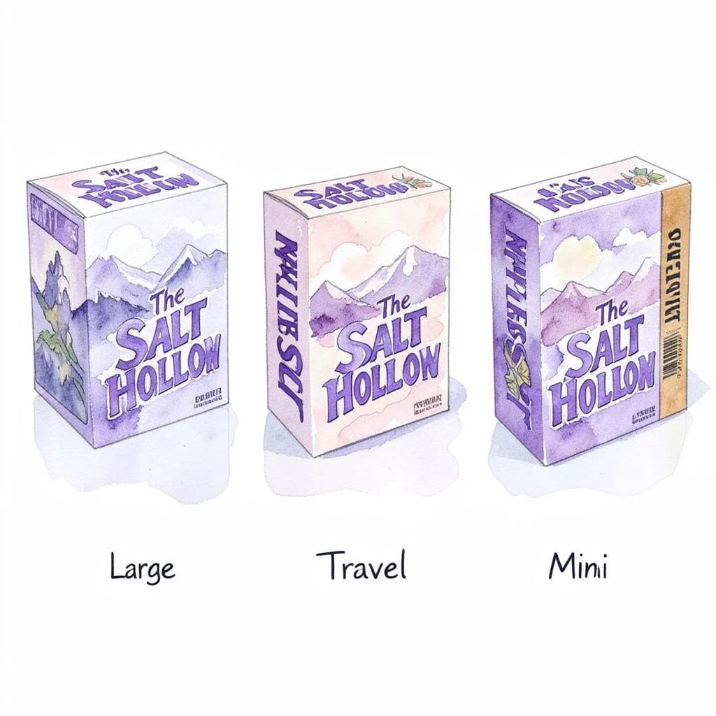 Watercolor of the same board-game box drawn in three editions, captioned "Large", "Travel" and "Mini", every edition carrying the wordmark "The Salt Hollow" in the same purple-and-white coloring, only the box size changing.
