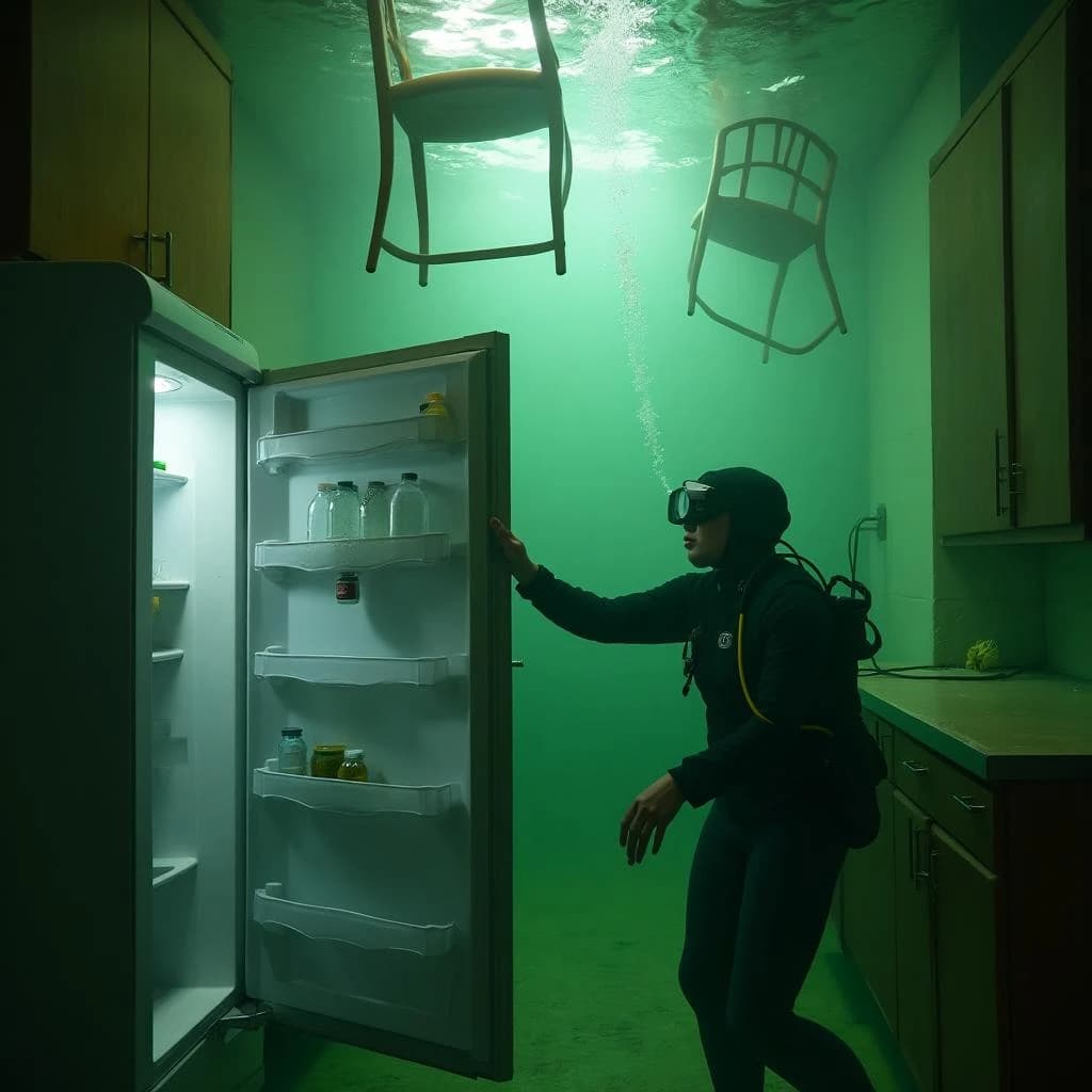 Underwater photograph inside a flooded apartment kitchen, silt green water, one window's worth of light from above. The refrigerator stands with its door swung open; three plastic bottles drift upward out of it, one still capped and two open and trailing bubbles, while a jar of pickles stays wedged on the middle shelf. A diver in a black wetsuit hovers to the right of the door, one hand on the top hinge, the other aiming a torch into the empty vegetable drawer. Two wooden chairs float against the ceiling above her, a third lies on its side on the tiles. Suspended particles, cold contrast, slow shutter softness.