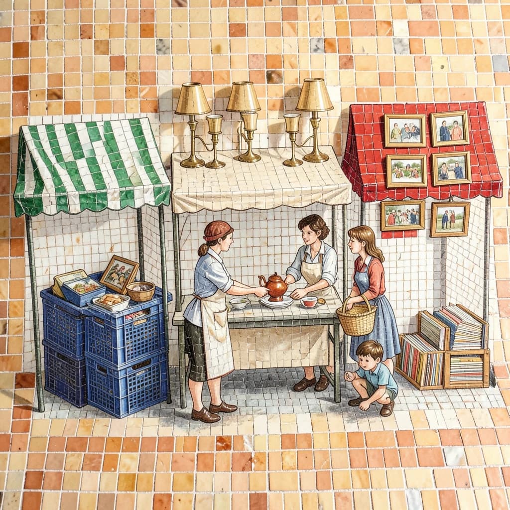 Glass tile mosaic of a Sunday flea market seen from a slightly raised angle, small square tesserae and warm terracotta grout. Three stall awnings in a row: the left one striped green and white over stacked vinyl crates, the middle plain canvas over six brass lamps with only the two tallest wearing shades, the right red awning hung with nine framed pictures in three rows of three. Under the middle awning a vendor in an apron hands a teapot across the table to a woman holding a straw basket, while a boy crouches at her feet by a crate of records. No lettering anywhere.