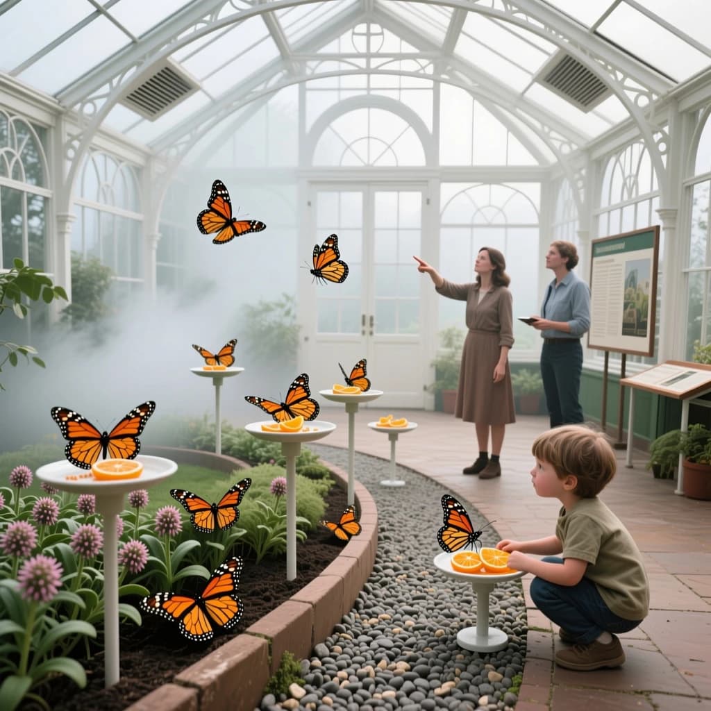 Interior render of a glasshouse butterfly conservatory, white cast iron arches and misted glass, humid morning light.
A raised planting bed spirals through the centre with a gravel path running around it. Five feeding stations on slim posts stand along the path, each holding a shallow dish of orange slices: monarch butterflies cluster on three of the dishes while two are untouched. Seven more monarchs rest on the milkweed in the bed and two are in flight above the path. Three visitors in the room, a child crouching at the nearest feeding station, an adult behind her pointing upward, and a guide standing at the far end beside an information board. Fine mist drifting near the roof vents. Physically based render.