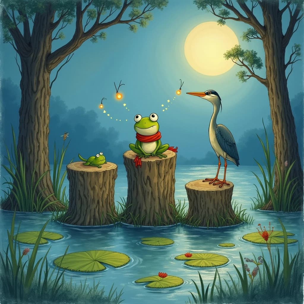 Story card in soft children's book illustration with crayon texture. A moonlit swamp with three cypress stumps in a row across the water. A small green frog in a red scarf sits on the middle stump. Two fireflies circle above his head while four more sit sleeping on the reeds to the left. A heron stands knee deep at the right edge, looking away from the frog. Nine lily pads float across the foreground, only one of them carrying a flower.
