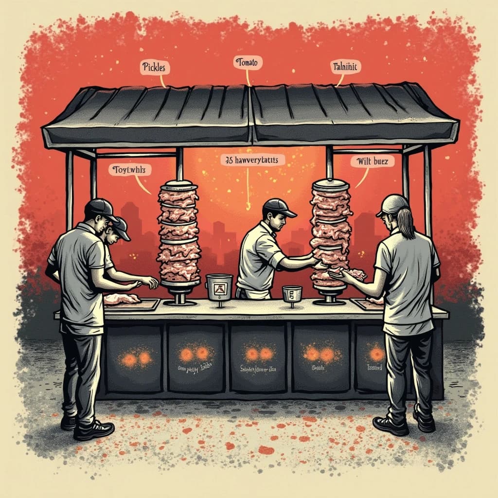 Editorial halftone print diagram of a street shawarma stall at dusk, printed in charcoal, warm red and cream dots. Two vertical spits stand side by side behind the counter, chicken on the left and lamb on the right, the lamb cone noticeably wider. One cook shaves meat from the lamb into a tray while a second cook passes a wrapped sandwich across the counter to a customer. Five garnish bins run along the counter labelled "Pickles", "Tomato", "Onion", "Tahini", "Chilli", with numbered callouts one to five pointing at them.