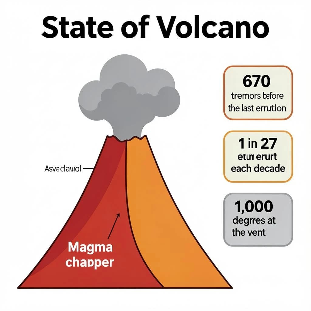 Flat vector illustration titled "State of Volcano": at the center a cutaway cone, carrying three keyed regions, "Lava channel" shaded red, "Ash cloud" shaded gray and "Magma chamber" shaded orange, beside a right column of three stat chips reading "670 tremors before the last eruption", "1 in 27 erupt each decade" and "1,000 degrees at the vent".