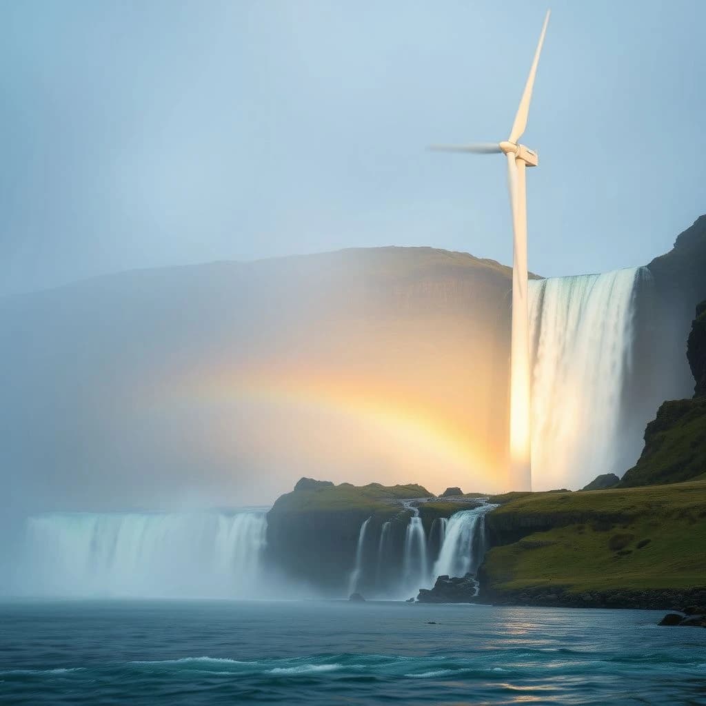 200mm f/1.4 close-up framing of a wind turbine beside a waterfall, lit by bounced light, deep focus, soft pastel color grade