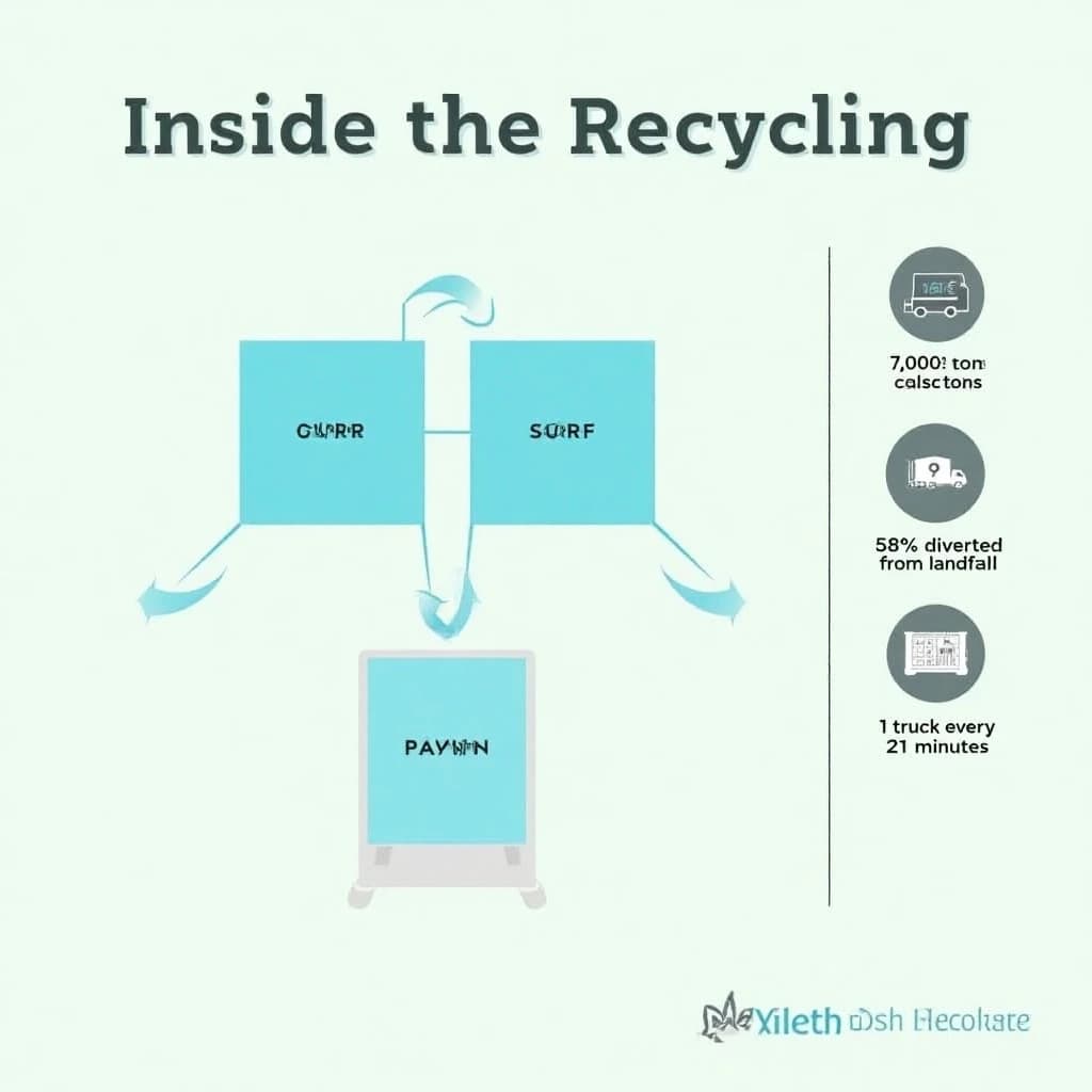 Flat infographic titled "Inside the Recycling": at the center a flow chart from curb to sorting floor, carrying two keyed regions, "Paper" shaded blue and "Landfill" shaded gray, beside a right column of three stat chips reading "7,000 tons collected last year", "58% diverted from landfill" and "1 truck every 21 minutes".