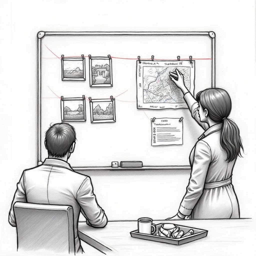 Rough storyboard panel in loose graphite sketch style for a detective game cutscene. A precinct whiteboard fills the wall: six pinned photographs in two rows of three, red string linking the leftmost photo of the top row to the middle photo of the bottom row and on to a map tacked at the right edge. Three magnets hold a timeline strip along the bottom of the board. In front of it two detectives, the seated one pointing at the map while the standing one wipes the upper right corner clean with her sleeve. A mug and four markers sit in the tray, one marker uncapped. Quick hatching, smudged shading, no color.