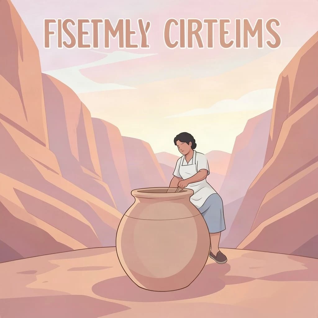 Poster illustration of a potter in a desert canyon, soft gradient fills, smooth vector finish, pastel palette.